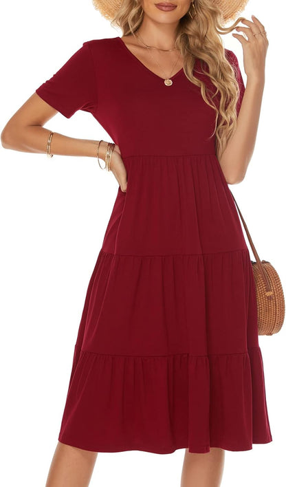 Women'S Casual Summer Tiered Midi Dress Short Sleeve V-Neck Loose Cotton Ruffle Babydoll Dress Boho Sundress