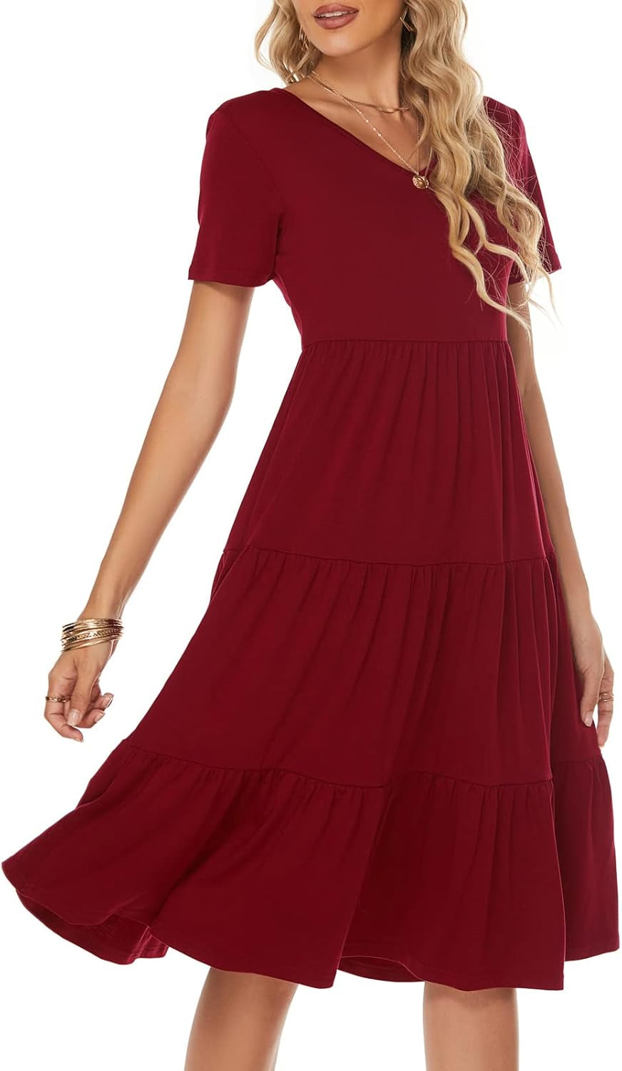 Women'S Casual Summer Tiered Midi Dress Short Sleeve V-Neck Loose Cotton Ruffle Babydoll Dress Boho Sundress