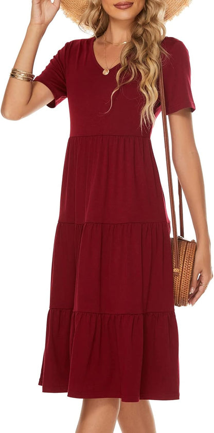 Women'S Casual Summer Tiered Midi Dress Short Sleeve V-Neck Loose Cotton Ruffle Babydoll Dress Boho Sundress