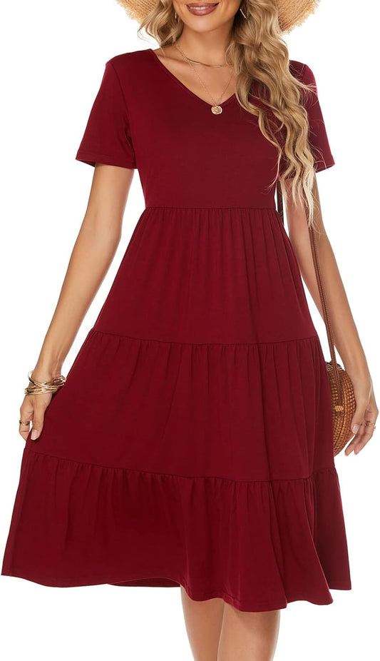Women'S Casual Summer Tiered Midi Dress Short Sleeve V-Neck Loose Cotton Ruffle Babydoll Dress Boho Sundress